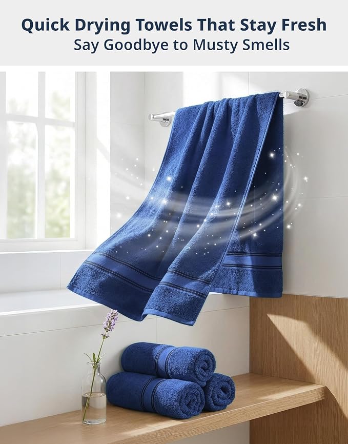 LANE LINEN Bath Towel Set 100% Cotton 4 Piece Soft Absorbent - Navy | Cotton Bath Towels - Densely Woven, Coordinated Colors, Dobby Border Accent, OEKO-TEX Certified, Zero-Twist Durability