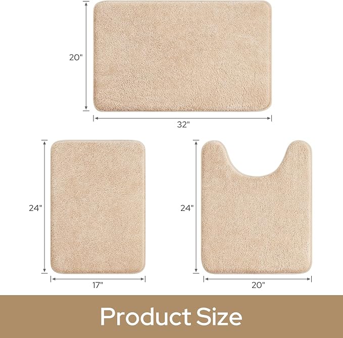 HOMEIDEAS 3 Piece Bathroom Rugs Set, Beige 17"x24"+20"x32"+20"x24" | Memory Foam, Ultra Soft, Super Absorbent Bath Mats, Non Slip Backing, U Shaped Toilet Rug for Bathroom, Tub and Shower
