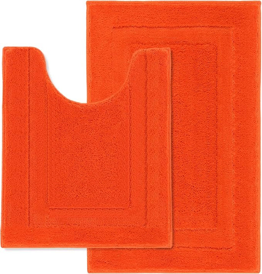 SHACOS Soft Microfiber Bathroom Rugs Set 2 Pieces with Toilet Rug | Absorbent Plush Bath Mat U Shaped Contour Bath Rug, Non Slip Washable Fluffy Bathroom Floor Mats, 32x20+24x20, Orange