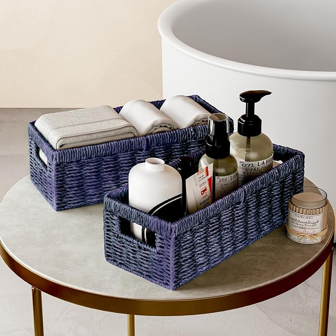 Vagusicc Wicker Storage Basket, Paper Rope Wicker Baskets with Handles, Toilet Paper Basket for Toilet Tank Top, Small Wicke Baskets for Organizing Shelves, 2-Pack, Purple