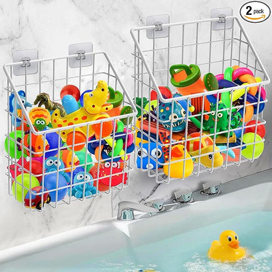 Greentainer 2 Pack Bath Toy Storage Organizer, Large Rustproof Metal Wire Basket, Wall Mounted Hanging Bathtub Holder, Bathroom Shower Caddy for Tub Toys & Toiletries