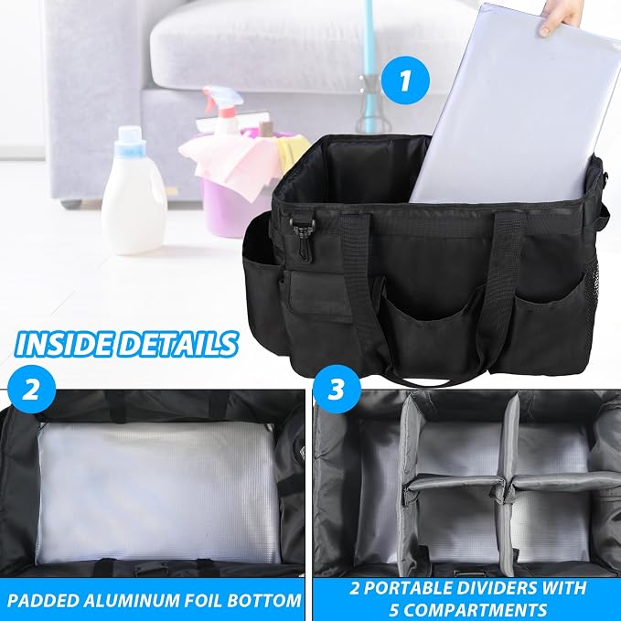 Cleaning Caddy Organizer With Handle,Cleaning Caddy Bag- Large Caddy Bag For House, Car Cleaning Supplies, Housekeeping Handbag With Adjustable Shoulder Straps (Black)