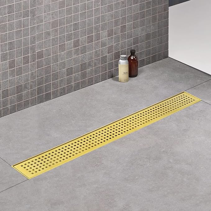 Linear Shower Drain, 48 inch Gold Drain with Removable Grate Cover, Brushed 304 Stainless Steel Shower Floor Drain, Linear Drain with Hair Strainer and Adjustable Feet
