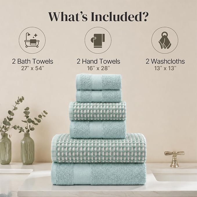 Modern Threads 6 Piece Cotton Bath Towel Set – Ultra Soft 600 GSM Towels – Bathroom Set with Hand Towels and Washcloths – Waffle (Sage Mist)
