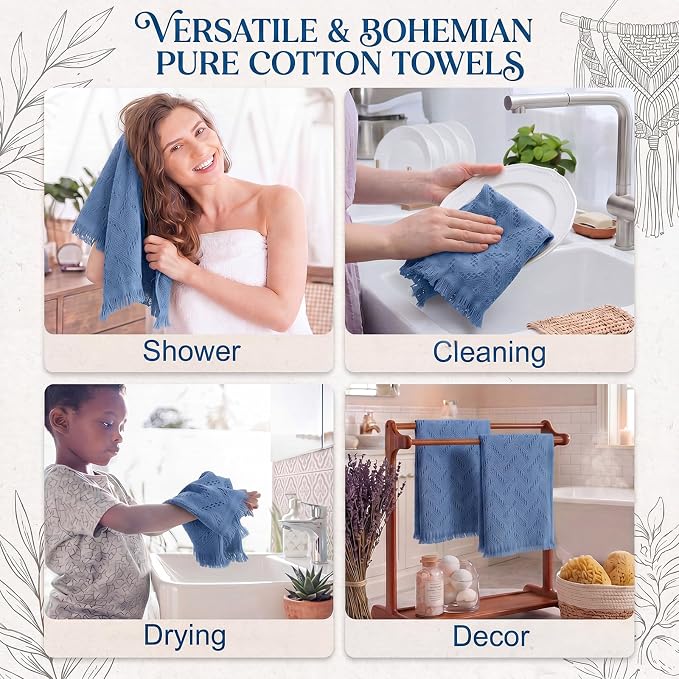 HunnmingRe 15 Pack Boho Hand Towel for Kitchen,Blue | 14x30 Inch, 100% Turkish Cotton, Summer Boho Decorative ,Towel Waffle ,Farmhouse Decor ,Absorbent Soft ,Guest Gift