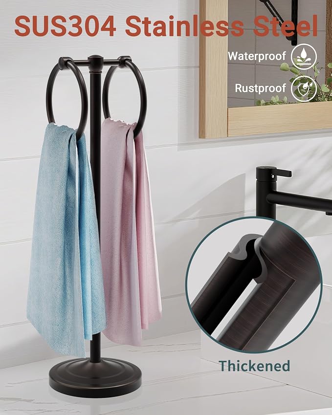 18" Hand Towel Holder Stand, Stainless Steel Free Standing Towel Rack Bar,Double Ring Towel Hanger with Weighted Base, Towel Hardware for Bathroom Vanity Kitchen Countertops(Oil Rubbed Bronze)