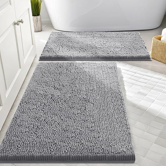 Smiry Chenille Bathroom Rugs Sets 2 Piece (30x20+24x16, Grey) | Soft Absorbent Machine Washable Non Slip Shaggy Bath Rug Set for Tub, Shower, and Floor, Home Decor
