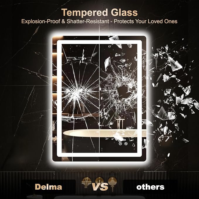 Delma 32x24 LED Bathroom Vanity Mirror with Lights, Anti-Fog, Dimmable | Front & Backlit with 3 Color Modes and Memory, 5mm Shatterproof Glass, Plug-in or Hardwired, Horizontal or Vertical