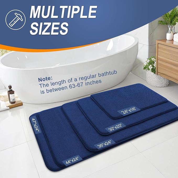 OLANLY Memory Foam Bathroom Runner Rug 70x24, Absorbent Long Bath Mat, Navy | Soft Quick Dry Bath Rugs, Non-Slip Carpet, Machine Washable Mat for Bathroom Floor, Tub and Shower, Home Decor Accessories