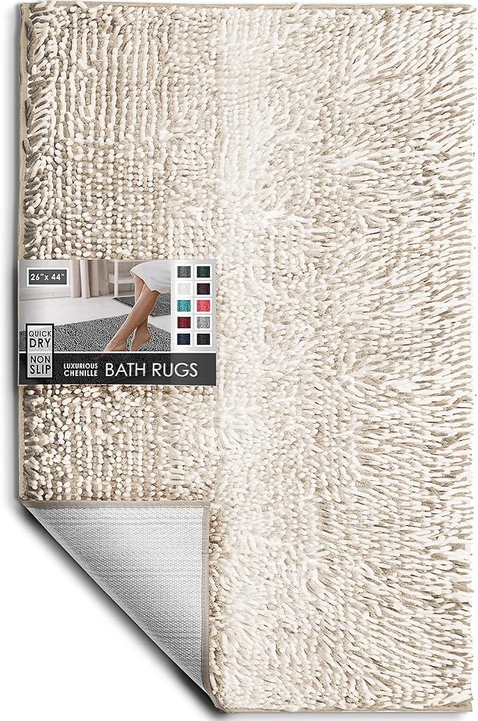 Hearth & Harbor Bathroom Rugs, Chenille Bath Mat - Machine Washable Bath Mats for Bathroom Non-Slip Backing Rubber, Quick Dry Bathroom Mat, 26 x 44 - Ombre Beige