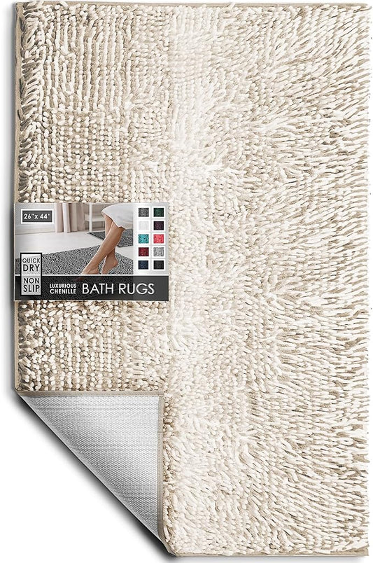 Hearth & Harbor Bathroom Rugs, Chenille Bath Mat - Machine Washable Bath Mats for Bathroom Non-Slip Backing Rubber, Quick Dry Bathroom Mat, 26 x 44 - Ombre Beige