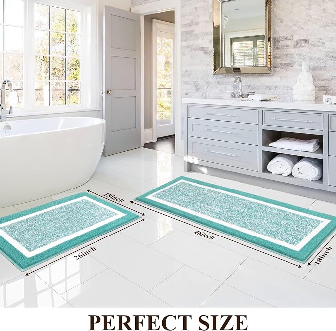 Pauwer Bathroom Rugs Sets 2 Piece, Non Slip Washable Bath Mat, Teal | Soft Plush Microfiber, Super Absorbent Floor Carpet, Quick Dry, Shaggy Shower Rug Runner