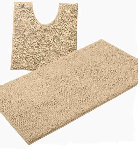 LuxUrux Luxury Chenille Bathroom Rugs - 2-Piece Set, Soft Plush Anti-Slip Bath Mat + U-Shaped Toilet Mat. Super Absorbent, Perfect for Bathroom Decor. (36'' X 24'' + 24'' x 20'' U, Birch)