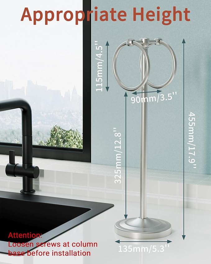 18" Hand Towel Holder Stand, Stainless Steel Free Standing Towel Rack Bar,Double Ring Towel Hanger with Weighted Base, Towel Hardware for Bathroom Vanity Kitchen Countertops(Nickel)