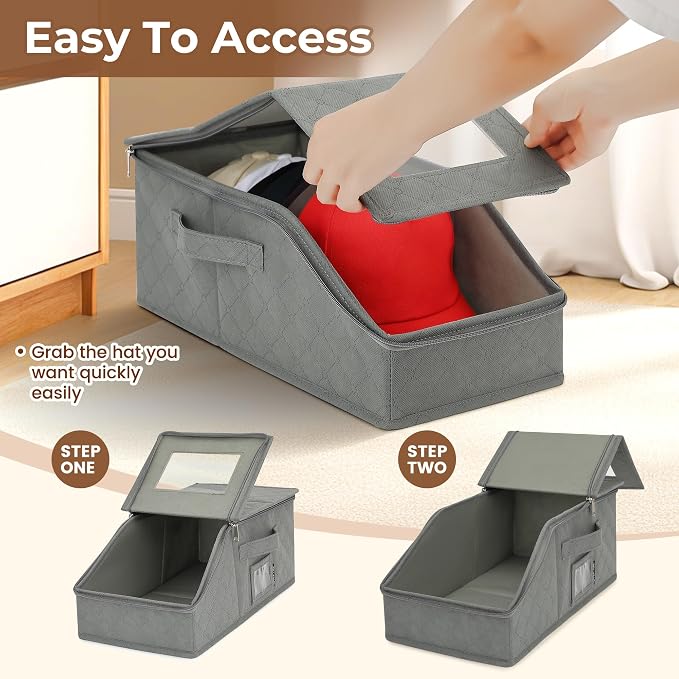 2 PCS Stackable Hat Storage for Baseball Caps, Large Hat Organizer with transparent window, Holds up to 30 Caps Hat Organizer (Gray)
