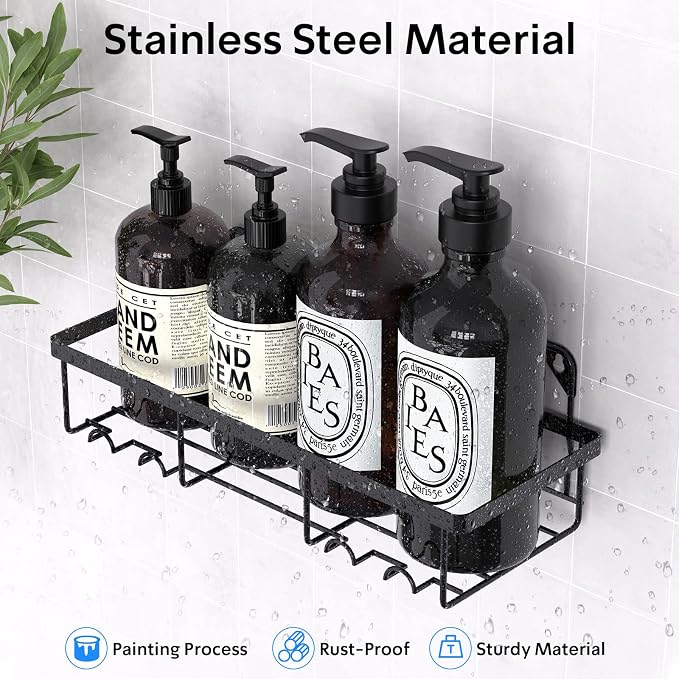 4 Pack Shower Caddy Shelf Organizer with Soap Holder, Stainless Steel Bathroom Shelves Basket with Adhesives/Screws, Hooks, Storage Rack for Kitchen Black
