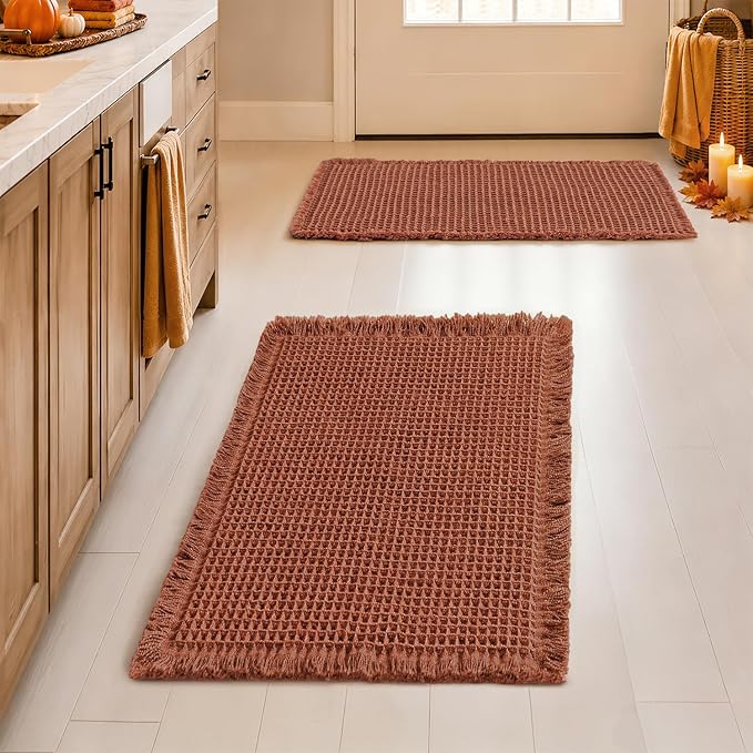 MIULEE Fall Rust Set of 2 Waffle Bathroom Rugs Boho Bath Mat 17x24 Inch | Non Slip, Super Absorbent, Washable, Ultra Soft, Rubber Backed, Small Bath Rugs for Bathroom Floor Tub Shower