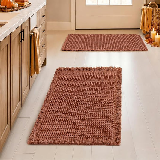 MIULEE Fall Rust Set of 2 Waffle Bathroom Rugs Boho Bath Mat 17x24 Inch | Non Slip, Super Absorbent, Washable, Ultra Soft, Rubber Backed, Small Bath Rugs for Bathroom Floor Tub Shower