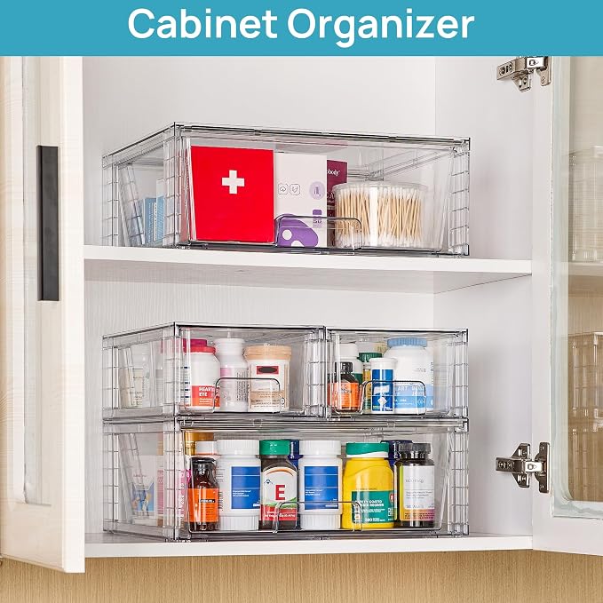 Vtopmart 5 Pack Stackable Storage Drawers, Easily Assemble Clear Plastic Organizer Bins, 3 Wide Drawers and 2 Small Drawers for Pantry, Kitchen Cabinet, Bathroom, Closet Organization and Storage
