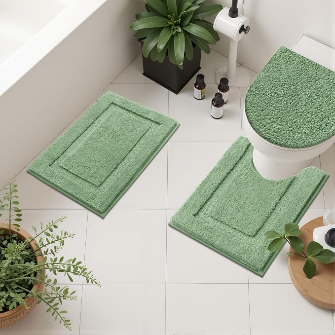 SHACOS Microfiber Bathroom Rugs Set of 3 with Toilet Lid Cover Non Slip | Washable Bath Mat Absorbent Bathroom Carpet 16"x24"+U Shape Toilet Rug 20"x24"+Toilet Lid Cover 19"x21", Sage Green