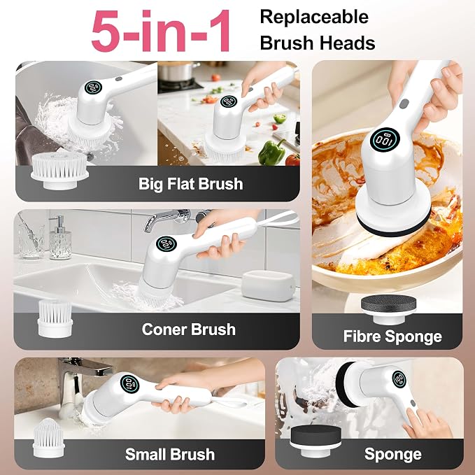 Electric Spin Scrubber, 44 in-lbs High Torque Shower Scrubber & LED Display, 6 in 1, Variable Speed Cordless Shower Cleaner Brush for Cleaning Bathroom, Kitchen, Toilet, Bathtub, Car
