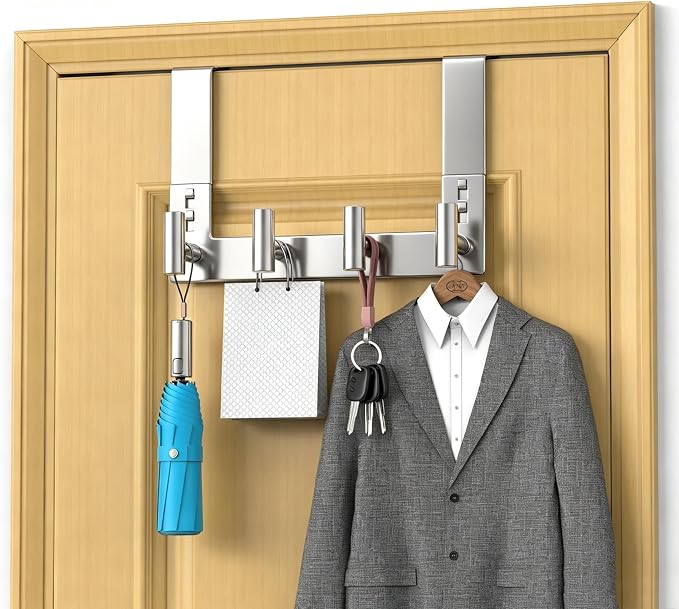 PMMASTO Over The Door Hooks, Fits 1-3/4" Thick Door No Drill Hooks for Closet Bathroom Bedroom Organization, Hanger for Coat Towel Robe (Polished Silver, 4 T-Hooks)