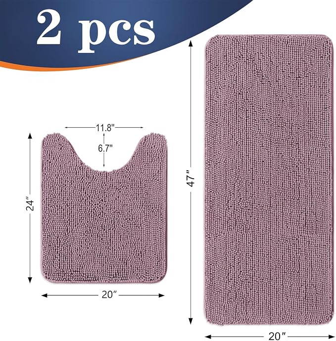OLANLY Chenille Bathroom Rugs Mats Sets 2 Piece, 47"x20"+24"x20", Deep Plum | Soft Absorbent Bath Mat and U-Shaped Contour Toilet Rug Set, Quick Dry, Machine Washable Bath Carpet, Home Decor Accessories