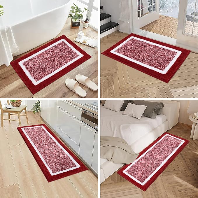 Pauwer Bathroom Rugs 3 Piece Set, Non Slip Washable Bath Mat, Red | Soft Plush Microfiber, Super Absorbent Floor Carpet, U Shaped Toilet Mats, Quick Dry, Shaggy Shower Rugs Runners