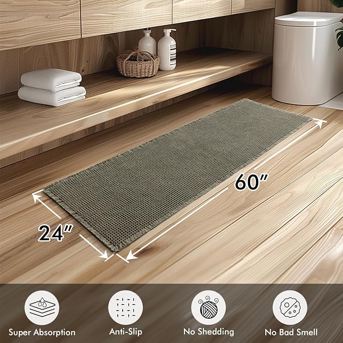 MIULEE Set of 2 Waffle Bathroom Runner Rugs Green 2'x5'(24"x60") | Non Slip, Super Absorbent, Washable, Ultra Soft, Boho Bath Mats for Bathroom Hallway Bedroom Laundry Room Kitchen