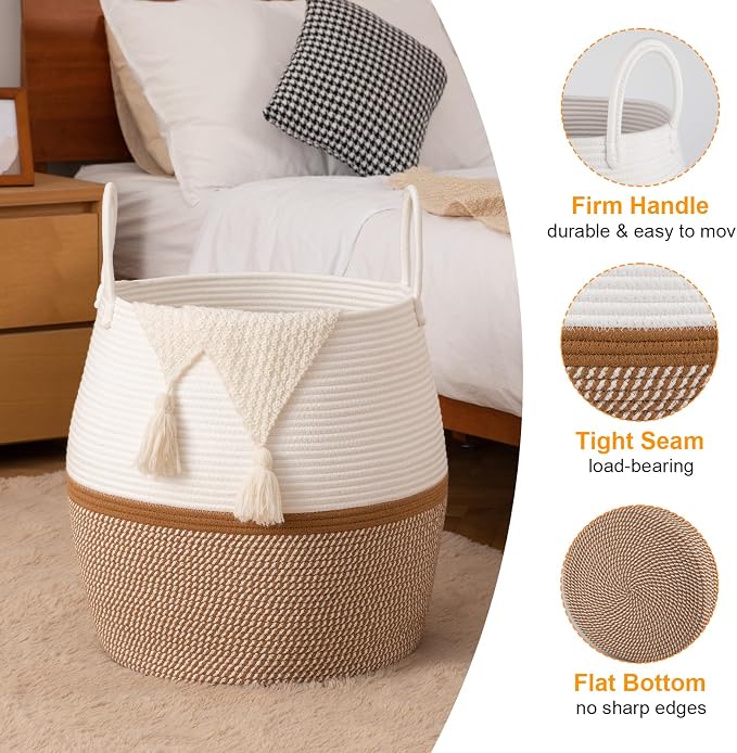 OIAHOMY 80L Blanket Basket with Handle, Storage Basket for Living Room, Laundry Hamper for Clothes, Towels, Pillows, Toy Storage for Kids and Dogs, Baby Hamper for Nursery - Brown & White
