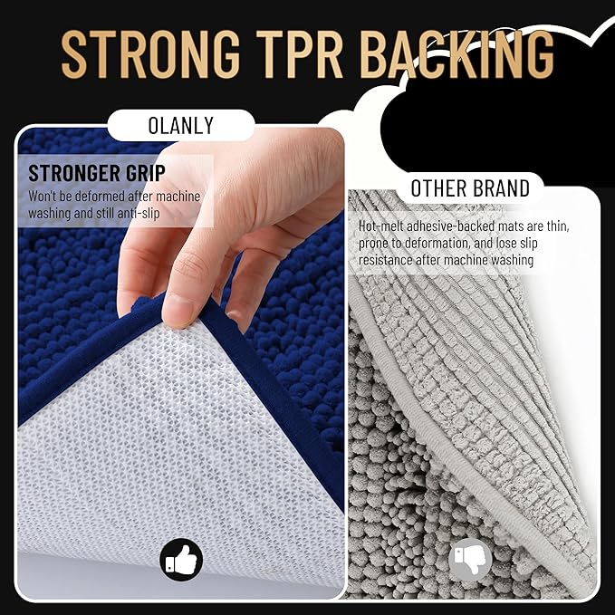 OLANLY Thick Chenille Bathroom Rugs Sets 3 Piece, 36"x24"+24"x16"+24"x20" | Navy, Absorbent Striped Bath Mats and U-Shaped Contour Toilet Rug, Home Decor Accessories, Bath Mat Set for Bathroom