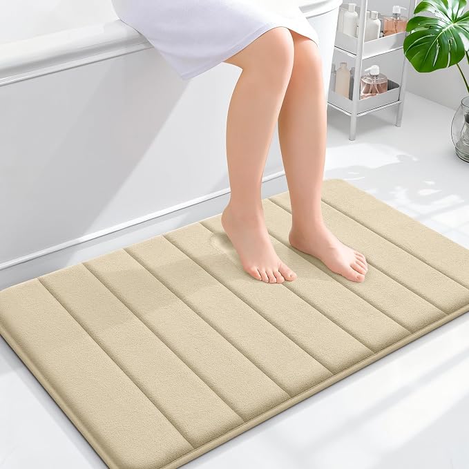 OLANLY Memory Foam Bath Mat 36x24, Super Soft and Absorbent Bathroom Rugs | Beige, Quick Dry Bath Rug, Machine Washable Shower Floor Mats, Bathmat Carpet for Bathroom Floor, Tub and Shower