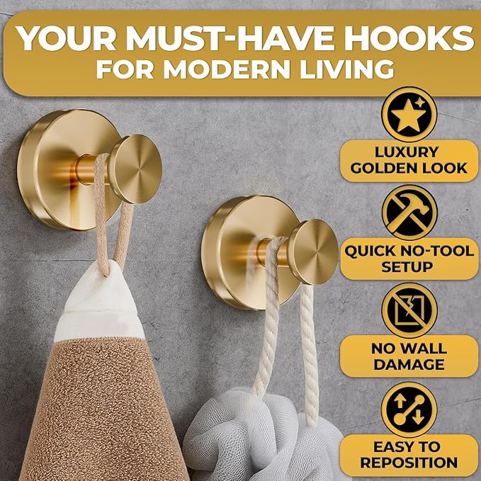 Suction Cup Shower Hooks 2 Pcs - Gold Shower Hooks, Quick-Mount Rustproof Gold , Kitchen, Glass Door, Mirror, Tile, Removable Suction Towel Hook That Holds up to 11Lbs for Loofah, Bath Robe, Towel
