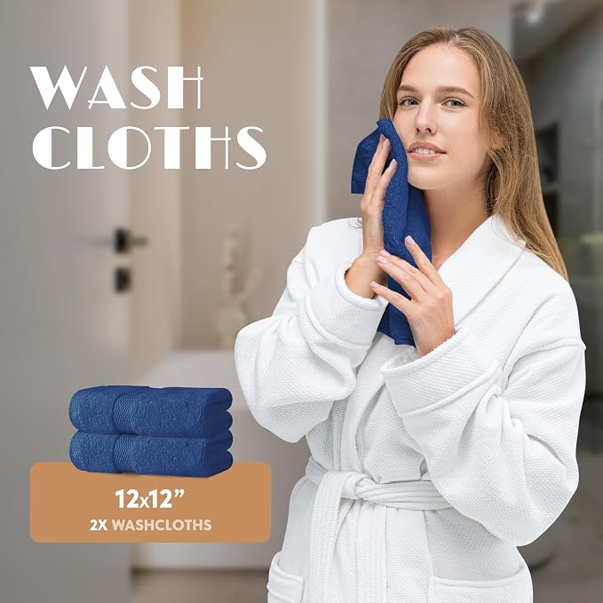 Navy Bath Towel Set of 6 - 100% Cotton Highly Absorbent Towels for Bathroom, 2 Luxury Bath Towels 650GSM, 2 Hand Towels, 2 Washcloths