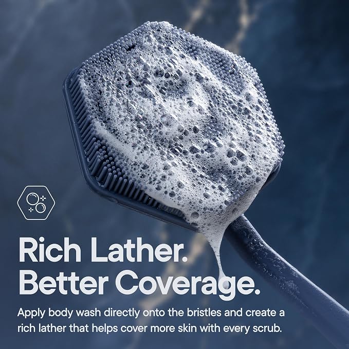 TOOLETRIES Silicone Back Scrubber for Shower, Bath Brush - Glacier | Long ergonomic handle and non-slip grip make exfoliating hard-to-reach areas simple and comfortable.