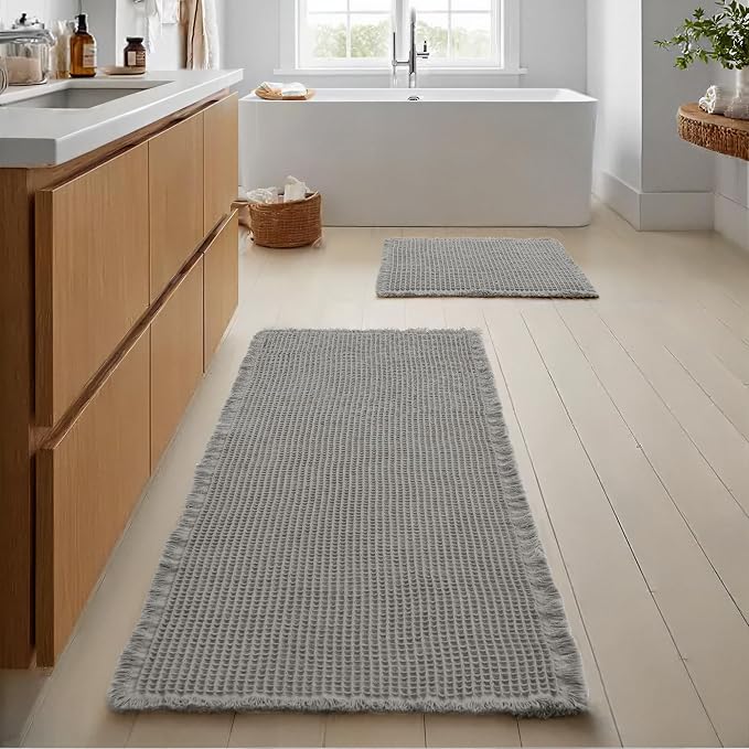 JIUZHEN Set of 2 Waffle Bathroom Rugs Non Slip Bath Mats, 16"x24"+24"x60" | Grey, Boho, Super Absorbent, Washable, Ultra Soft, Fast Drying Bath Rug and Bathroom Runner for Kitchen Hallway Laundry