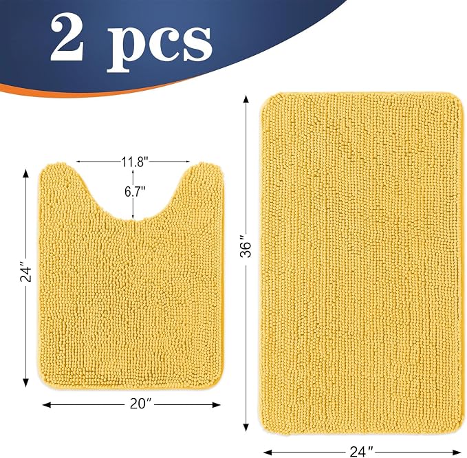 OLANLY Chenille Bathroom Rugs Mats Sets 2 Piece, 36"x24"+24"x20", Yellow | Soft Absorbent Bath Mat and U-Shaped Contour Toilet Rug Set, Quick Dry, Machine Washable Bath Carpet, Home Decor Accessories