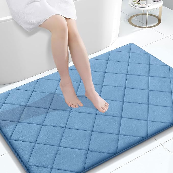 OLANLY Memory Foam Bath Mat 47x32, Ultra Soft and Absorbent Bathroom Rugs | Blue, Quick Dry, Machine Washable Shower Bath Rugs, Comfortable Bath Carpet for Bathroom Floor, Tub and Shower