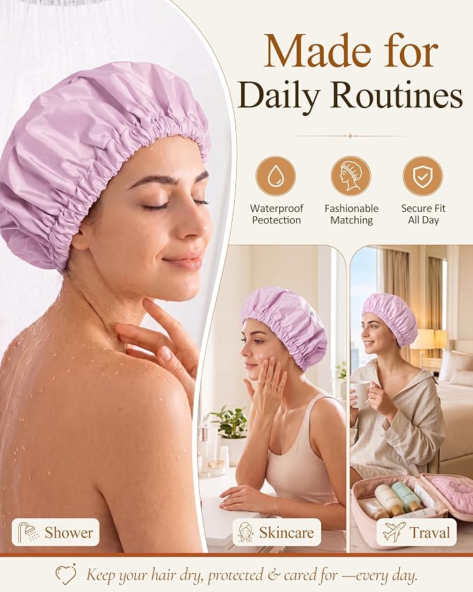 Edoneery Shower Caps for Women Reusable Waterproof, Shower Hair Cap | Washable Bonnet, Wide Elastic Band, Large Fit, Holds Long Hair, Braids Friendly, Bath Accessories, Spa, Travel