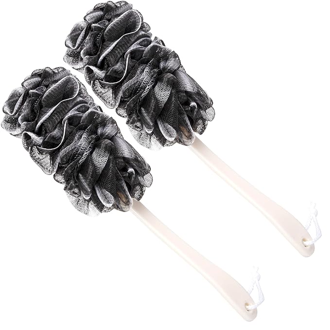 Back Scrubber for Shower,Loofah Long Handle Bath Body Brush,Soft Nylon Mesh Sponge for Shower,Loofah On a Stick for Men Women,Exfoliating Scrub Cleaning Luffa for Elderly(2-Pack,Black)
