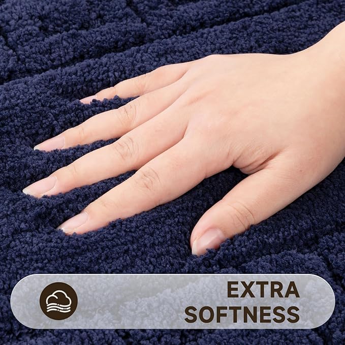Pauwer Bathroom Rugs Sets 3 Piece, Plush Absorbent Bath Rug, Navy | Microfiber Bath Mat Set, Non Slip Washable, Quick Dry Floor Carprt, Soft U Shaped Toilet Mats For Bathroom Shower Sink