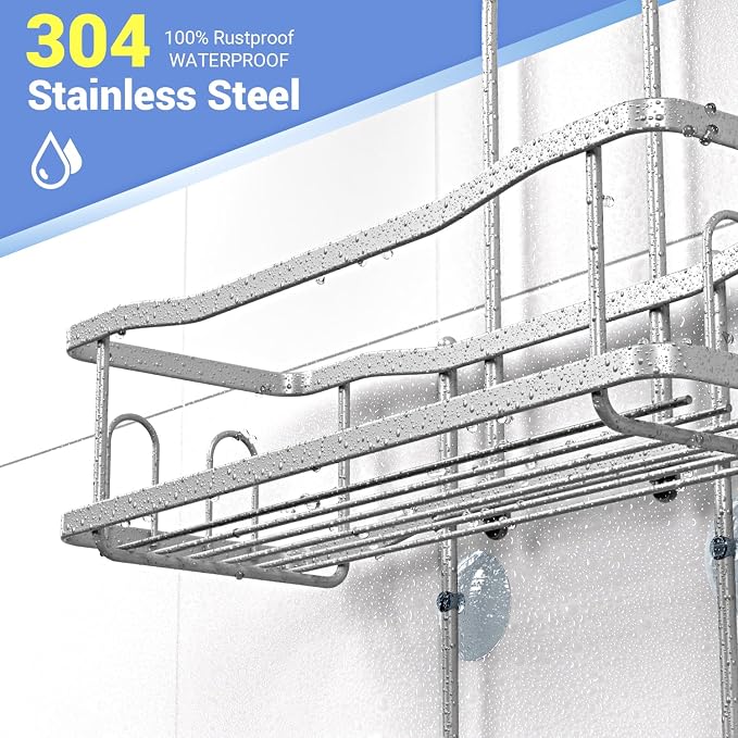 Hanging Shower Caddy Over Shower Head - No Drill Rustproof Shower Rack | Includes Soap Holder and Hooks for Shampoo, Conditioner, and Bathroom Essentials with Stable Storage in Any Shower Space