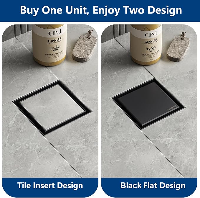 Neodrain Square Shower Drain with Removable Tile Insert Grate,304 Stainless Steel, CUPC Certified, Includes Hair Strainer (Matte Black, 4 in)
