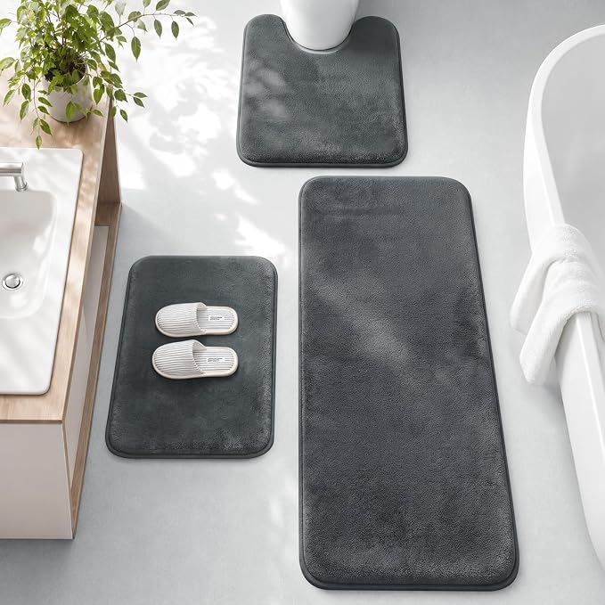 HUXMEYSON 3-Piece Memory Foam Bathroom Rug Set, Dark Grey | Quick Dry Velvet Surface, Non-Slip & PVC Backing, Ultra Soft Bath Rugs for Bathroom, 17"x24"+20"x48"+U Shape 20"x24"