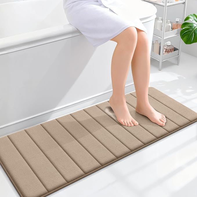 OLANLY Memory Foam Long Bathroom Rugs Runner 47x17, Super Soft Absorbent | Tan, Quick Dry Bath Mat, Machine Washable Shower Floor Rugs, Bathmat Carpet for Bathroom Floor, Tub and Shower