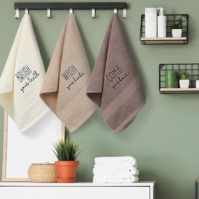 3 Pcs Hand Towels Bathroom Set,Brown,Brush Comb Wash | Embroidered Cotton Farmhouse Towels, Kitchen Decor, Rustic Boho Decorative with Text Labels, Guest Bath Home