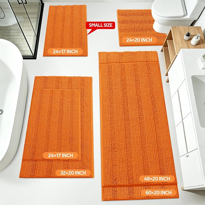 ACCUMTEK Striped Orange Bathroom Rug Set 3 Pieces Ultra Soft, Non Slip Chenille Toilet Mat, Absorbent Plush Shaggy Bath Mats for Bathroom, Bedroom, Kitchen
