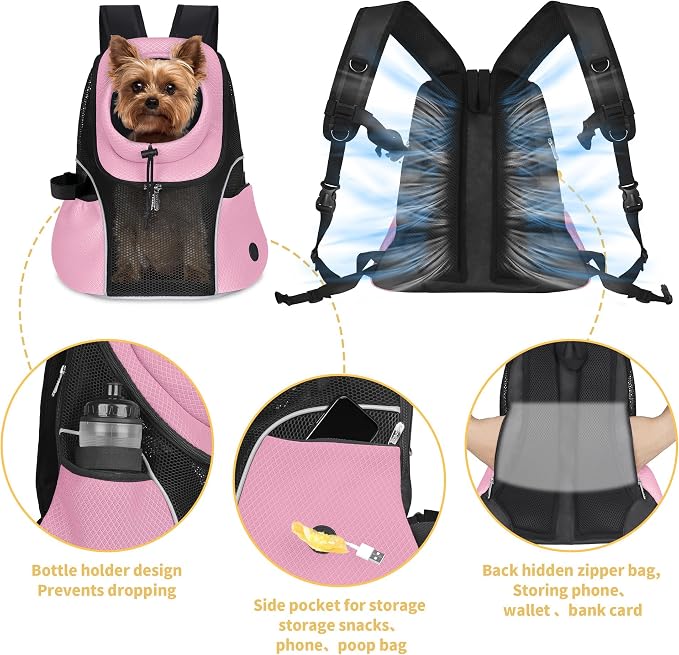 WOYYHO Pet Dog Carrier Backpack, Ventilated Mesh Small Dog Front Backpack | Breathable Puppy Back Pack, with Safety Belt, Storage Pockets, for Travel Hiking Cycling Outdoor Adventures, Pink, M