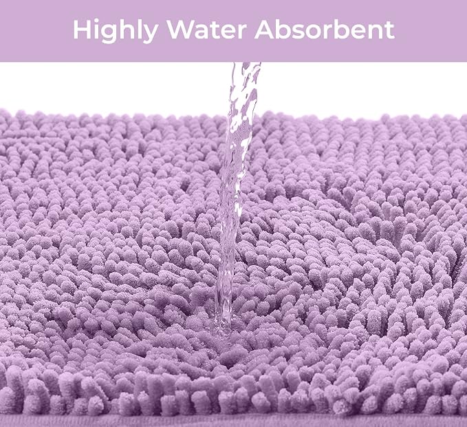 LuxUrux 3 Piece Bathroom Rug Set, Non-Slip Shaggy Chenille, Lavender, Includes U-Shaped Contour Toilet Mat, 20 x 30'' and 16 x 24'' Bath Mats, Machine Washable