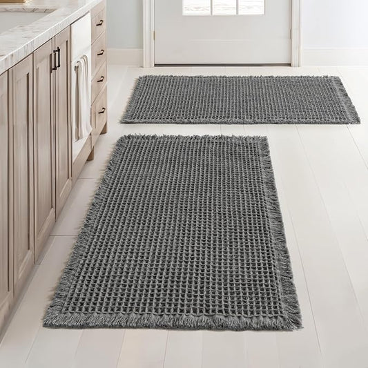 MIULEE Set of 2 Waffle Bathroom Rugs Boho Bath Mat Dark Grey 20x32 Inch | Non Slip, Super Absorbent, Washable, Ultra Soft, Rubber Backed Bath Rugs for Bathroom Floor Tub Shower